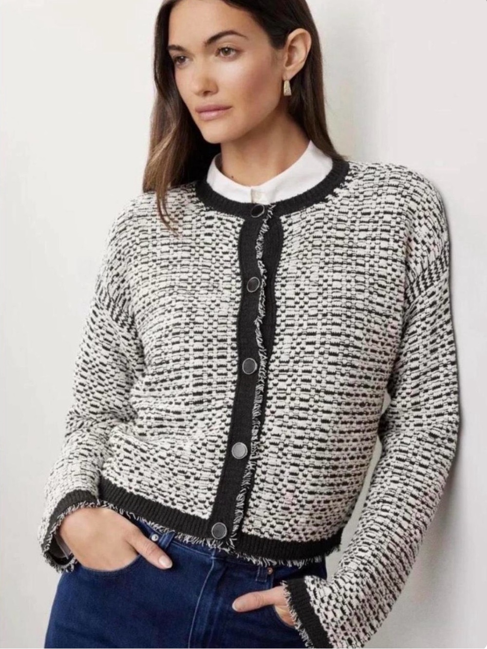 Club Monaco Black & White Textured Knit Cardigan Sweater